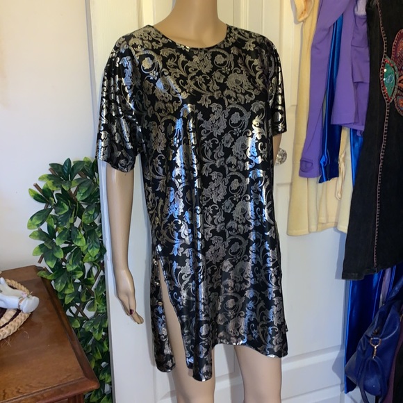 Vintage metallic gold lame’ foil on black slinky tunic night shirt L - Picture 11 of 15
